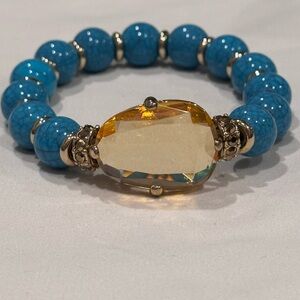 Chico’s Regan Stretch Bracelet W/Large Citrine Stone Turquoise & Gold Beads NWOT
